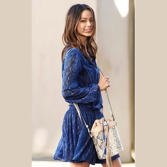 Banana Republic‎ Blue Snake Print Mini Dress Long Sleeve Boho Lined Small - Picture 1 of 10